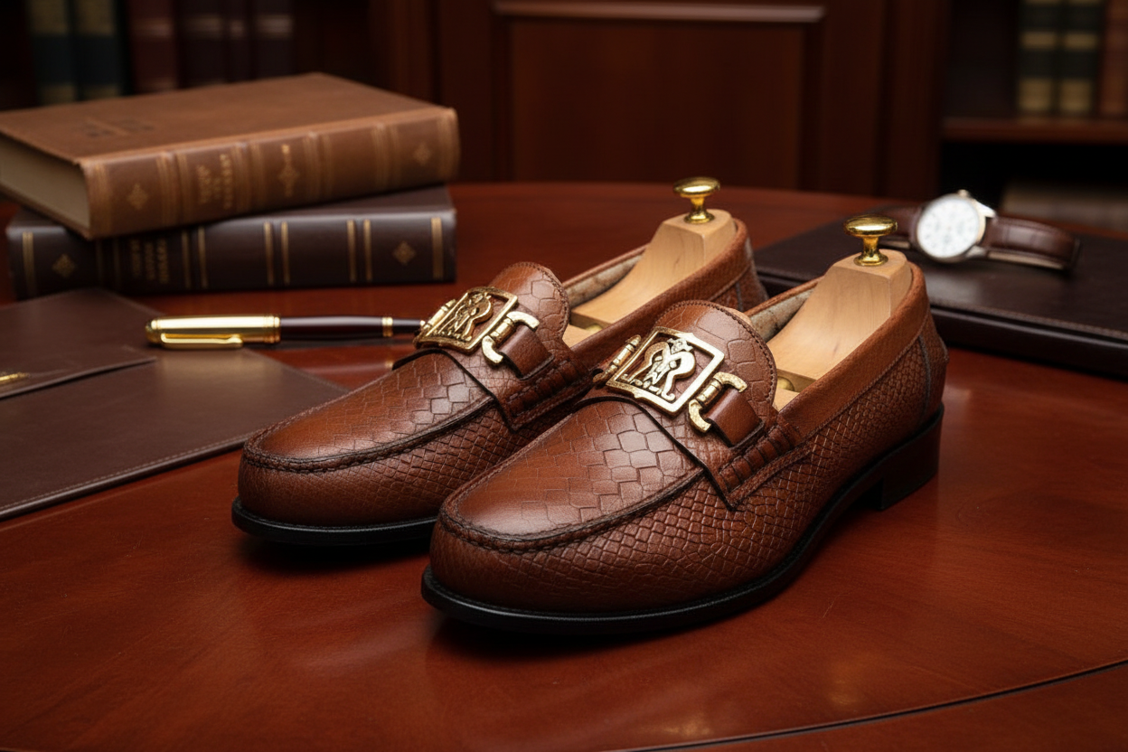 Mocassins en cuir tressé marron dans un décor lifestyle luxueux