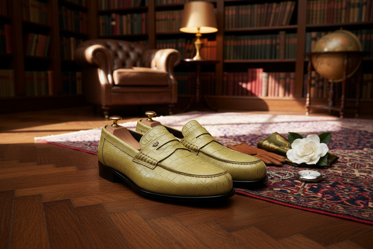 Mocassins penny loafer croco vert olive chartreuse embauchoirs cèdre dorés lifestyle luxe bibliothèque parisienne acajou livres cuir Chesterfield cognac globe laiton montre gousset gants cognac pochette soie olive gardenia blanc lampe laiton tapis persan bokeh Berluti Hermès Ralph Lauren Purple Label éditorial