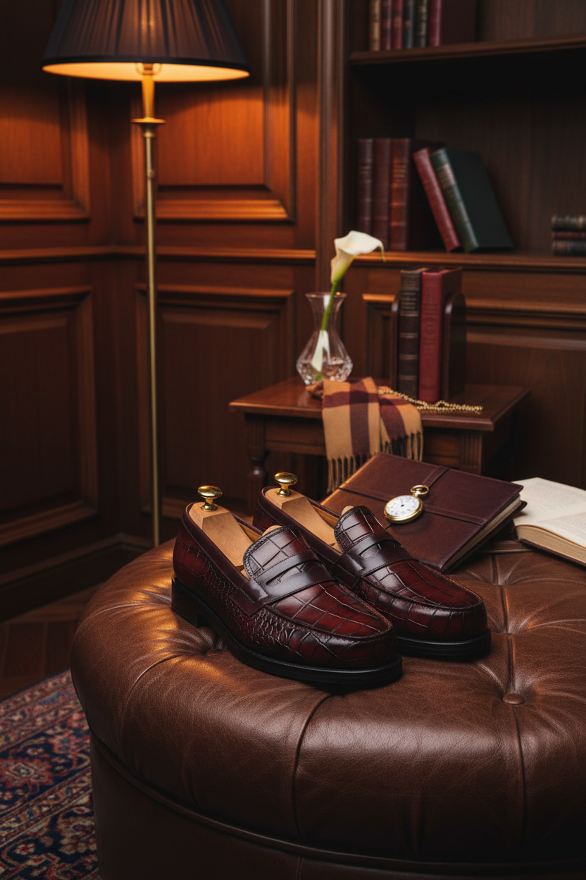 Mocassins penny loafer cuir crocodile bordeaux oxblood cognac patine embauchoirs cèdre boutons dorés lifestyle luxe club gentleman parisien lounge Chesterfield ottoman cuir cognac bordeaux table acajou lampe laiton vintage ambre cachemire écharpe bordeaux chameau montre gousset or portfolio agenda cuir chocolat monogramme calla lily rose blanche cristal tapis persan tons joaillerie panneaux noyer Brioni Berluti Lobb portrait cinématographique lumière ambrée dorée luxe