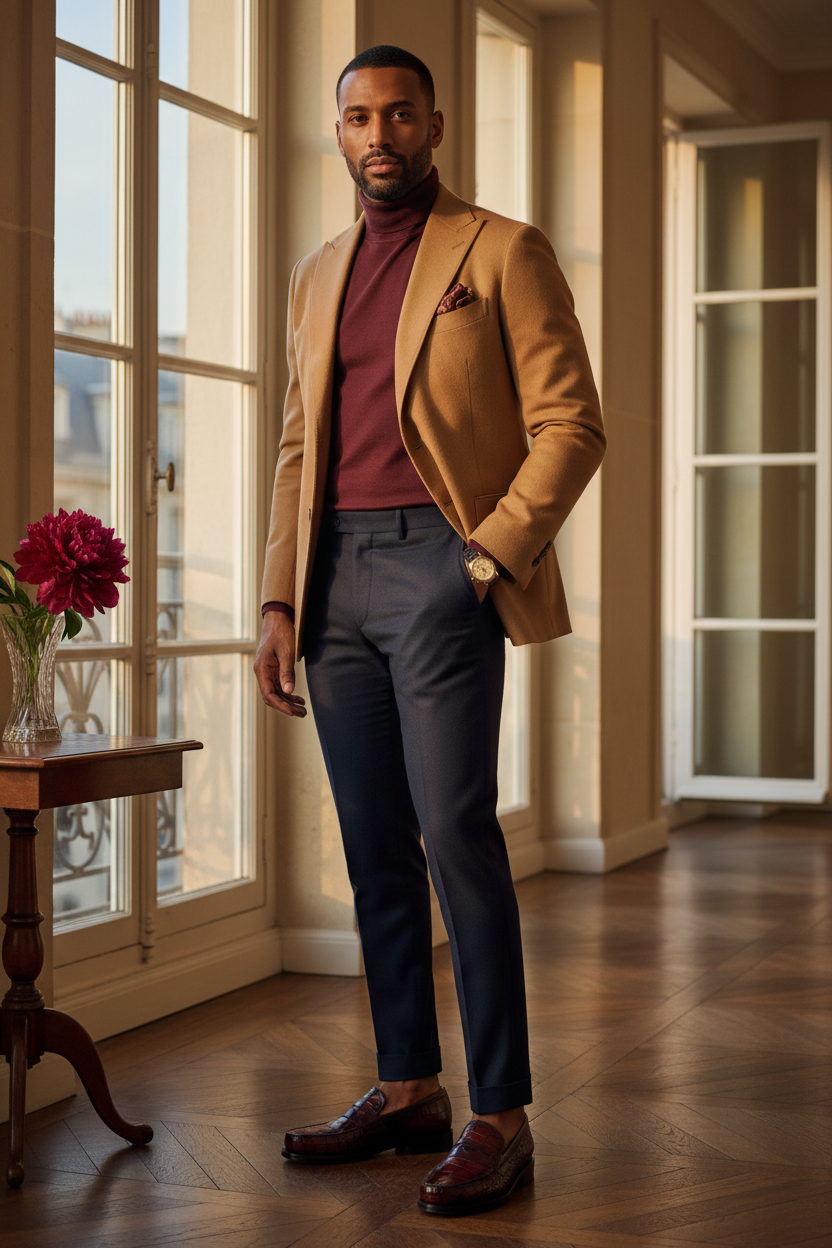 Mocassins penny loafer cuir crocodile bordeaux oxblood cognac portés homme élégant peau brune barbe courte pantalon laine navy bleu nuit sans chaussettes col roulé bordeaux cachemire soie blazer camel vicuña non structuré ouvert montre or vintage pochette soie or bordeaux appartement parisien haussmannien terrasse fenêtres françaises balcon fer forgé parquet bois foncé toits Paris bokeh pivoine rouge foncée cristal Brioni Berluti Kiton portrait cinématographique lumière dorée Paris