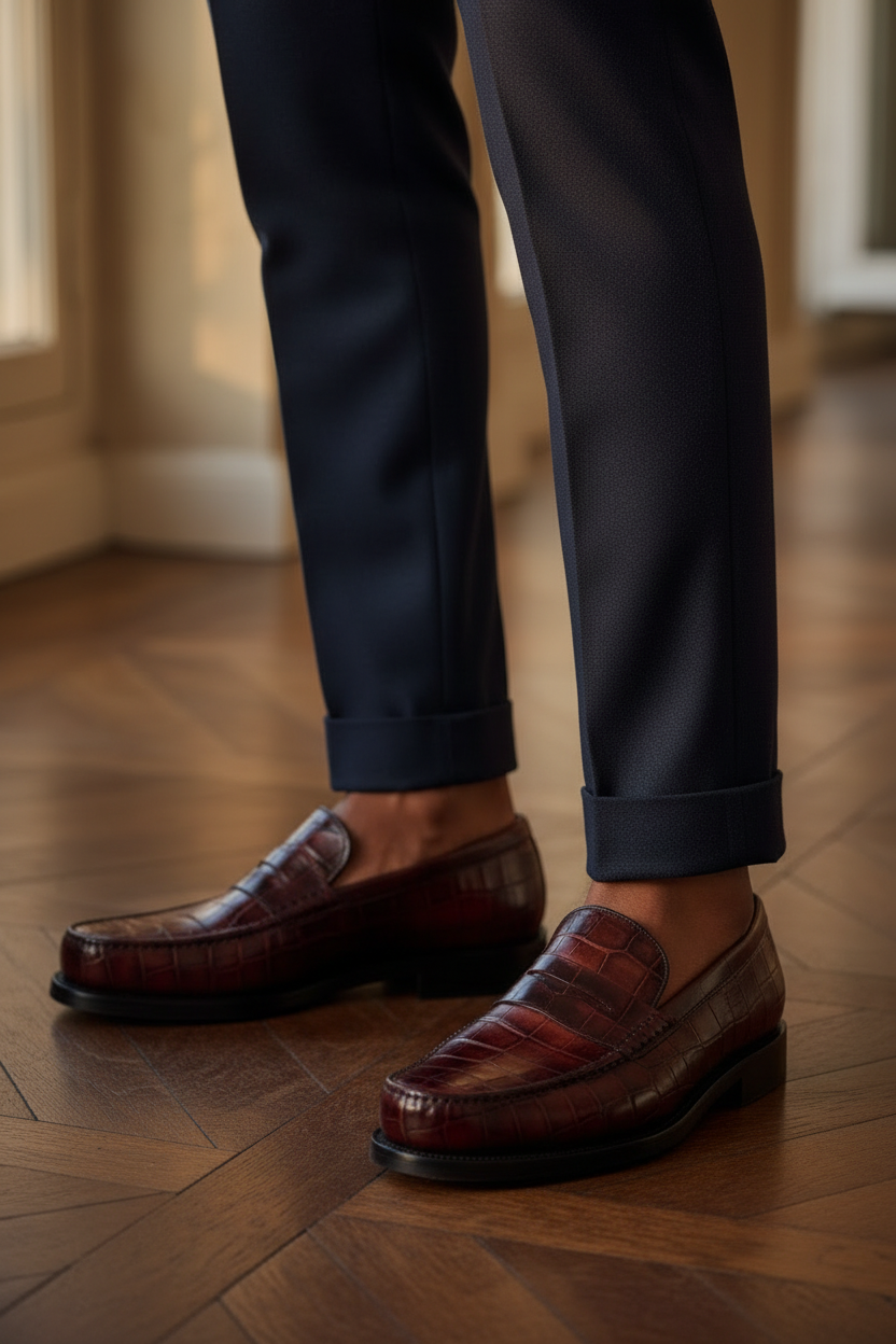 Mocassins penny loafer cuir crocodile bordeaux oxblood gros plan genoux pieds homme élégant écailles rectangulaires grille rasoir net cognac ambre reflets spéculaires dramatiques strap chocolat welt semelle noir empilé pied nu cheville élégante pantalon navy slim laine parquet parisien chêne chevrons miel doré bokeh lumière dorée Paris cinématographique portrait
