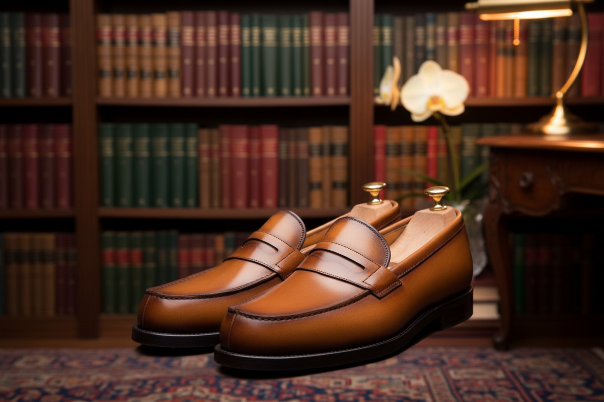 Mocassins penny loafer cuir lisse semi-brillant verni tan cognac patine dégradé noirci embauchoirs cèdre deux boutons dorés grand plat petit étoile lifestyle luxe bibliothèque étude parisienne bibliothèques noyer livres reliés cuir tapis persan joaillerie bureau bois sculpté lampe bureau vintage or ambre orchidée crème cristal bokeh doux arrière-plan lumière ambre studio highlights semi-gloss verni Hermès Berluti premier plan dominant paysage luxe
