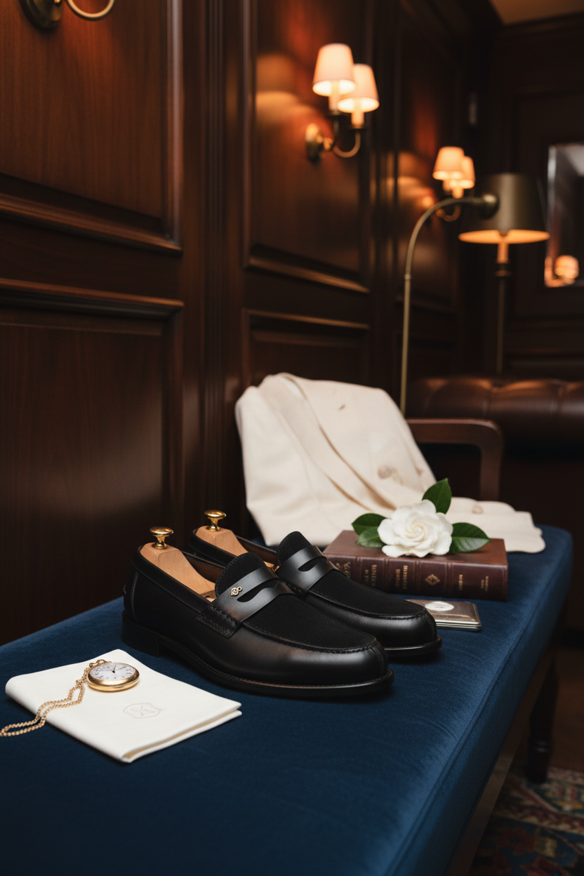 Mocassins penny loafer daim noir mat strap cuir lisse logo doré embauchoirs cèdre boutons dorés lifestyle luxe club privé yacht velours navy appliques laiton boiseries noyer montre gousset or mouchoir monogrammé blanc gardenia livre cuir or porte-cartes argent bokeh John Lobb Edward Green Berluti éditorial portrait
