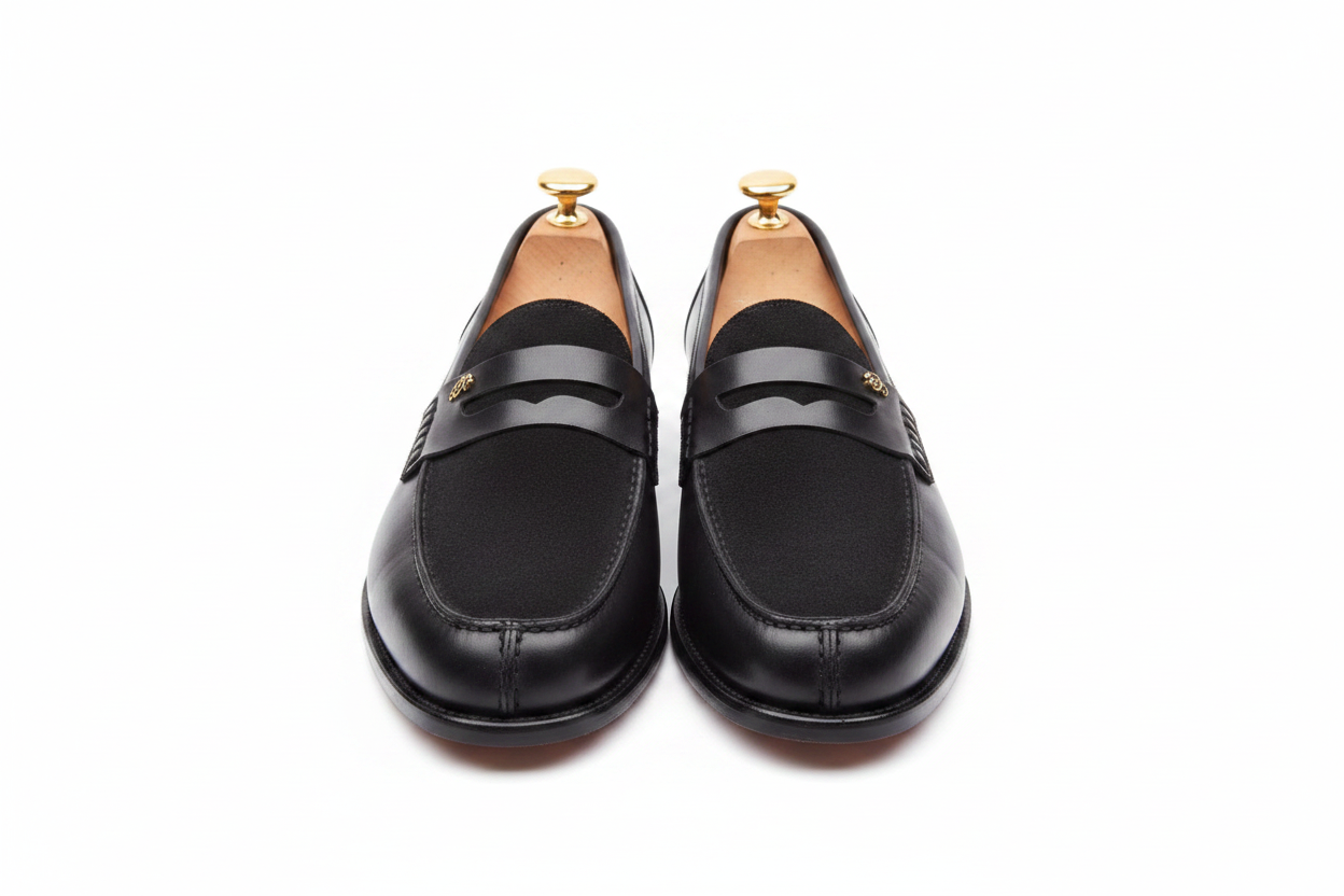 Mocassins penny loafer vue frontale symétrique dessus daim suède noir mat strap cuir lisse noir brillant logo monogramme doré cursif couture mocassin piping welt cuir lisse talon bas embauchoirs cèdre bouton doré intérieur tan côte à côte fond blanc pur studio luxe