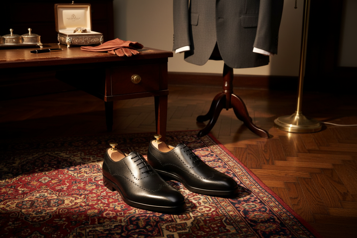 Oxford brogue noir poli miroir embauchoirs cèdre dorés dressing parisien luxueux parquet chevrons lampe laiton valet costume acajou boîte montre argent gants cuir pochette terracotta tapis persan Berluti John Lobb lifestyle