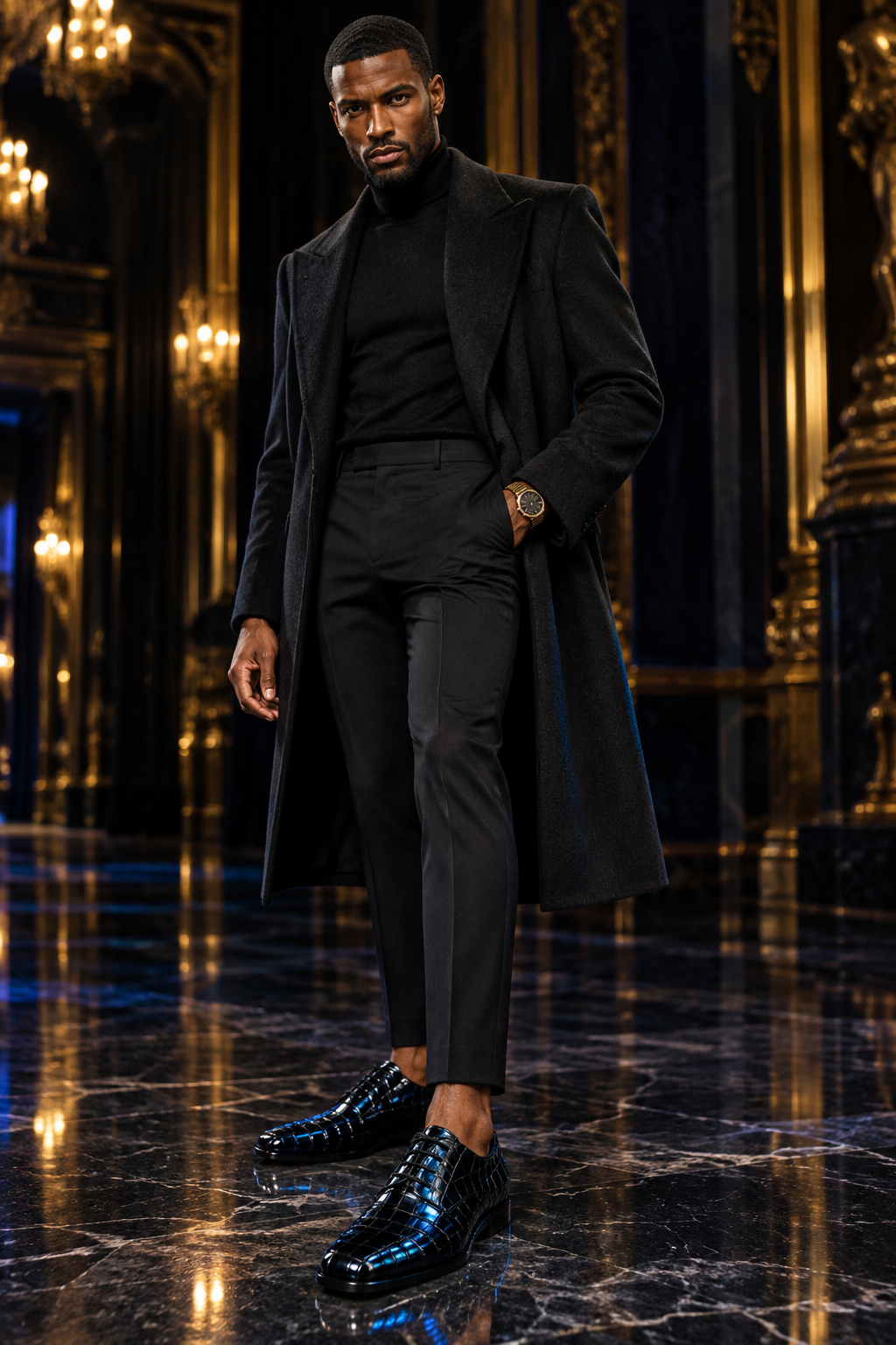 Oxford richelieu croco noir laqué reflets bleus iridescents porté homme élégant peau brune barbe courte ensemble tout noir slim turtleneck soie noir manteau cachemire noir ouvert cheville nue sans chaussettes montre or brossé titanium opéra Paris intérieur dramatique sombre marbre noir sol reflets velours sombre or architectural éclairage chiaroscuro dramatique spot chaud accent bleu froid reflets iridescents croco spectaculaires Tom Ford Berluti editorial portrait