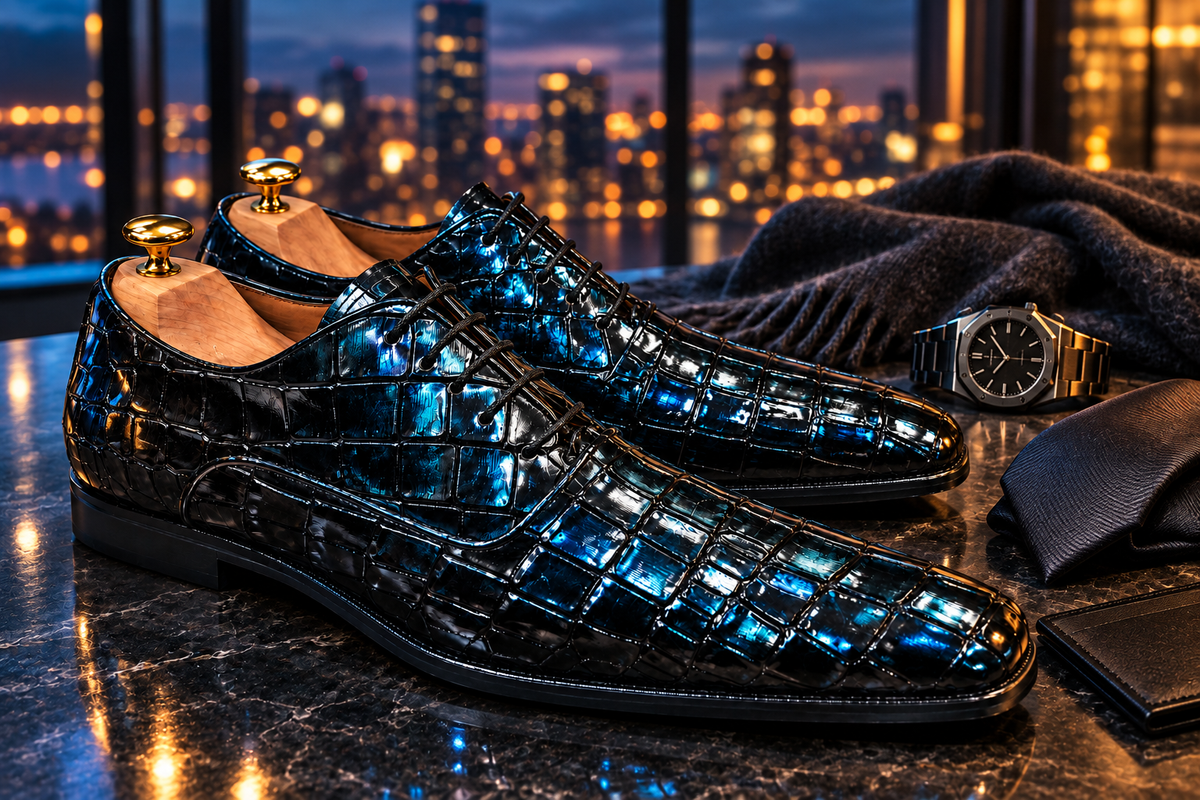 Oxford richelieu cuir crocodile noir laqué reflets bleus iridescents lifestyle penthouse contemporain terrasse crépuscule vue sur ville béton poli gris sombre marbre noir fenêtres sol plafond skyline bokeh lumières ambre ville cachemire gris sombre montre acier brossé architecte cravate soie charbon porte-cartes cuir matte noir éclairage cool-warm bleu clé gauche ambre remplissage droite contraste spectaculaire texture croco reflets iridescents bleus puissants Tom Ford Berluti dark luxury cinématographique 