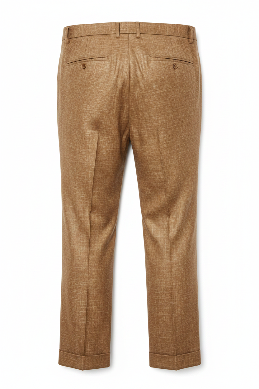 Pantalon caramel doré Prince de Galles en flat-lay avec revers et poche boutonnée sur fond blanc