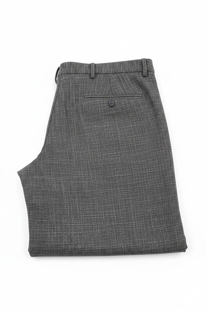 Pantalon gris chiné birdseye plié présentation retail pli central revers bas fond blanc pur