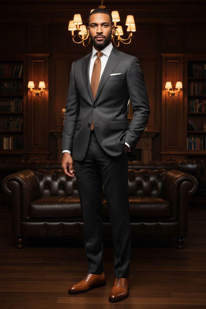 Richelieus marron cognac portées par un homme élégant penthouse vue panoramique ou club privé lifestyle luxueux