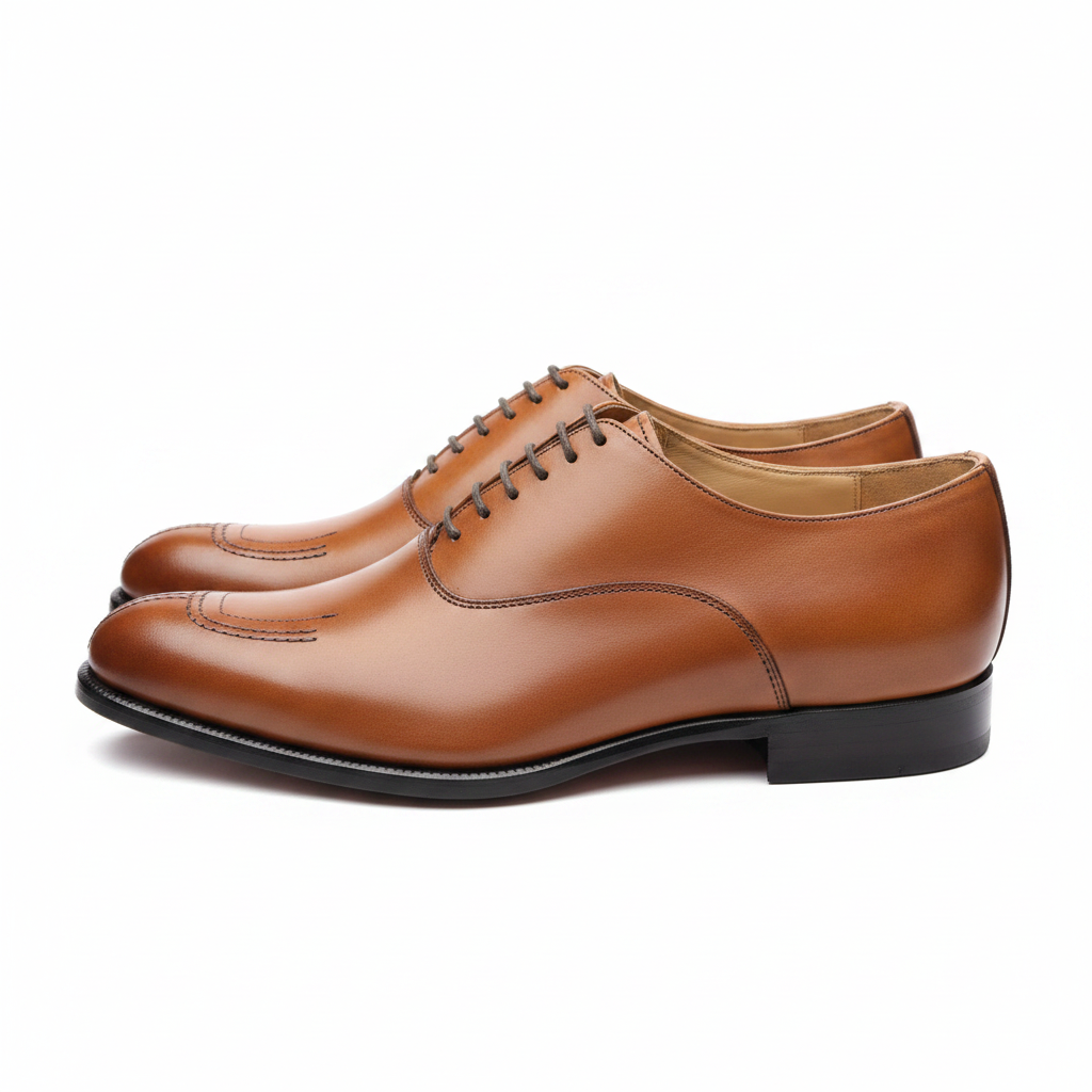 Richelieus marron cognac wholecut bout pointu instep haut vue latérale contre-plongée fond blanc pur