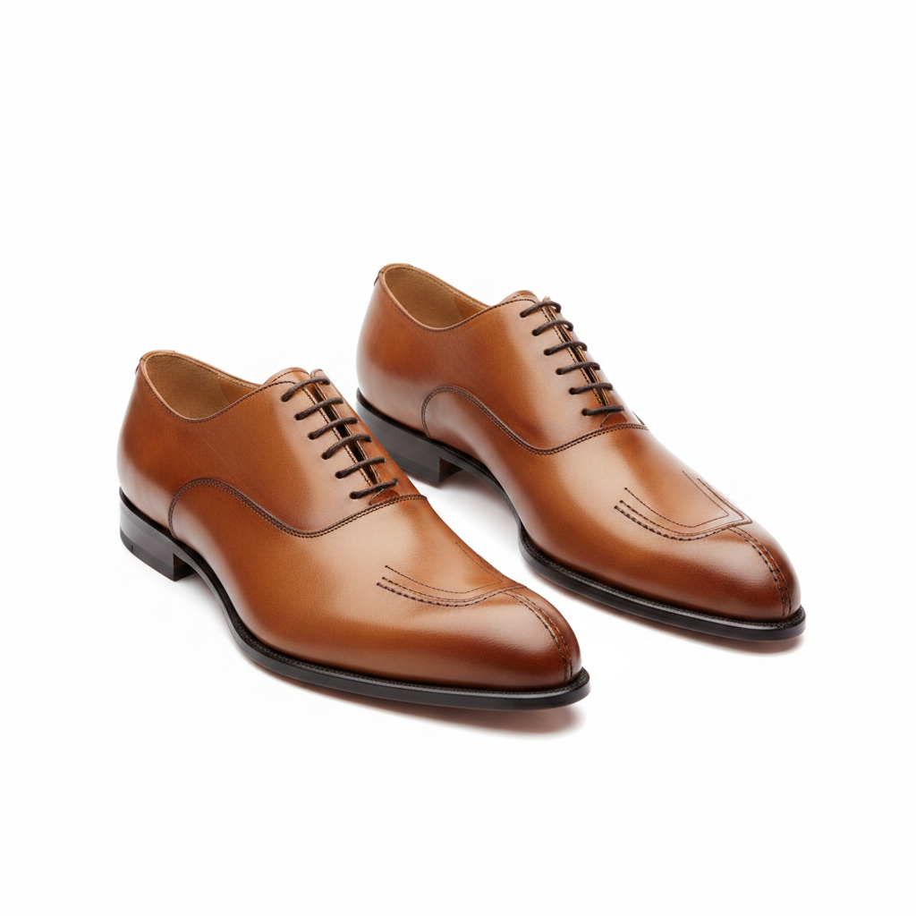 Richelieus marron cognac wholecut bout pointu surpiqûres W vue trois-quarts avant plongée fond blanc pur