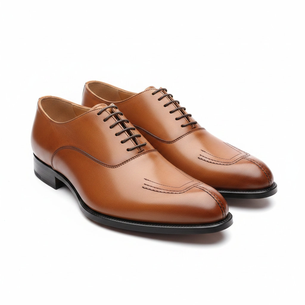 Richelieus marron cognac wholecut bout pointu vue trois-quarts avant contre-plongée semelle noire fond blanc pur