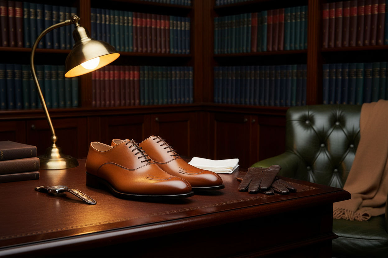 Richelieus marron cognac wholecut lifestyle luxueux bibliothèque privée lumière ambrée sans alcool