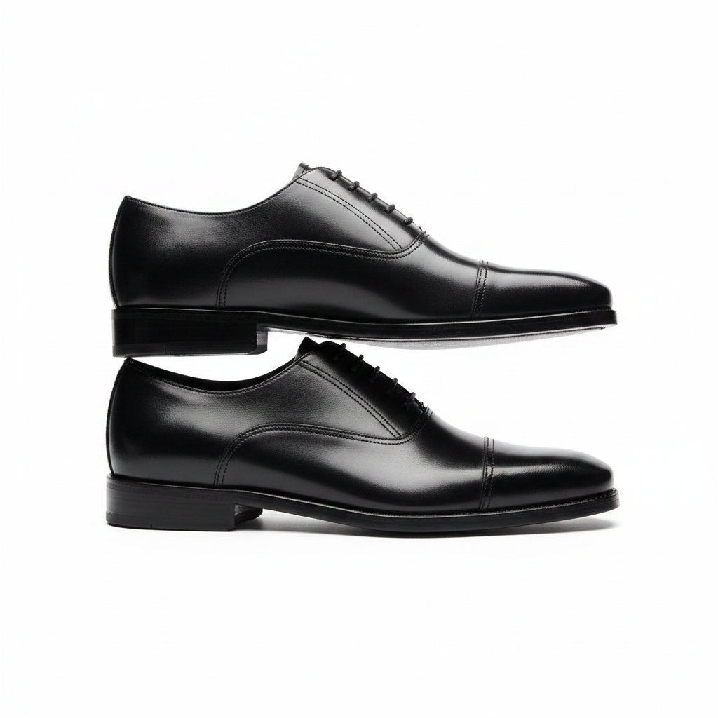 Richelieus noires cap-toe présentation empilée en croix forme fidèle fond blanc pur format carré