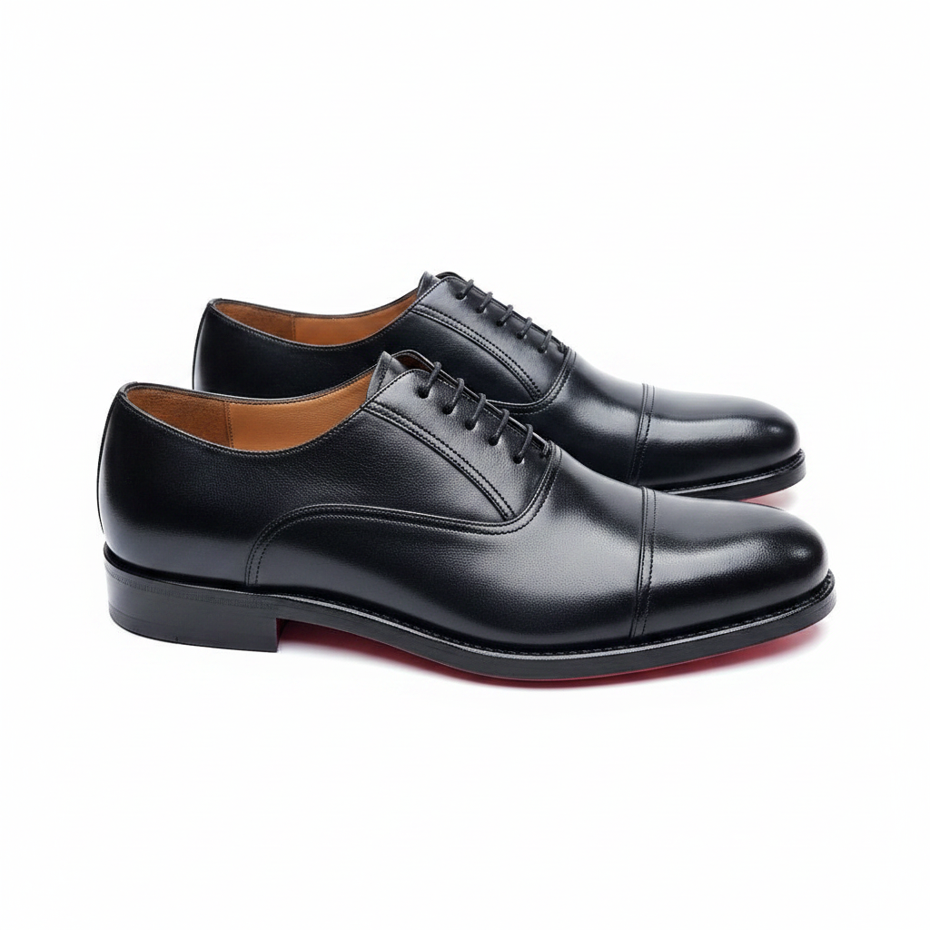 Richelieus noires cap-toe vue latérale contre-plongée semelle rouge visible forme fidèle fond blanc pur