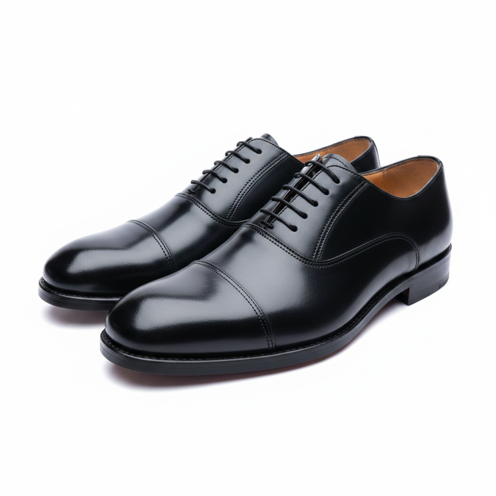 Richelieus noires cap-toe vue trois-quarts légèrement en plongée bout arrondi forme fidèle fond blanc pur