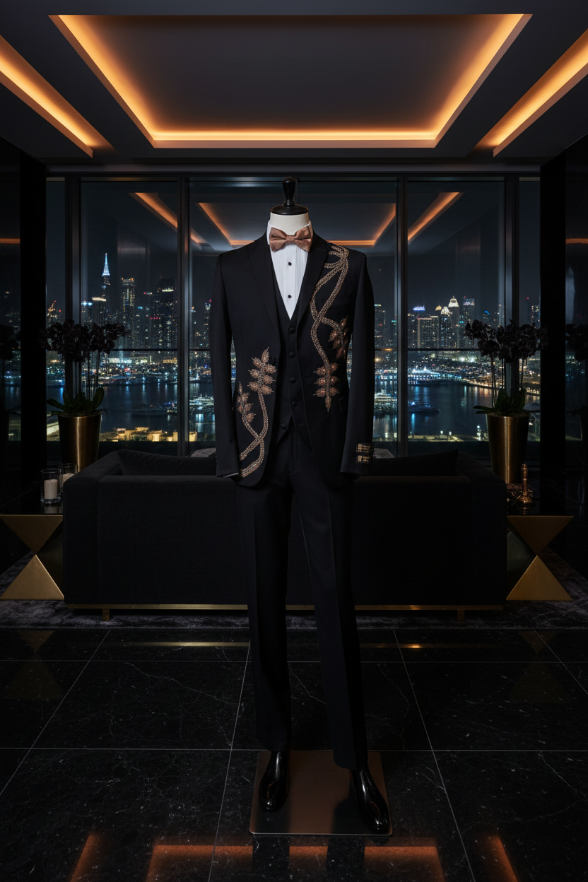 Smoking noir broderies cristaux dorés dans un penthouse de luxe avec vue sur skyline nocturne