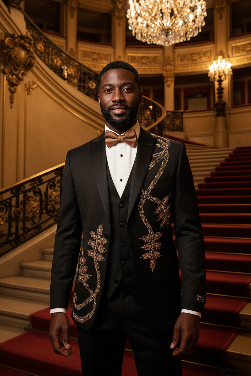 Smoking noir broderies cristaux dorés porté par un bel homme élégant sur le grand escalier d'un opéra parisien