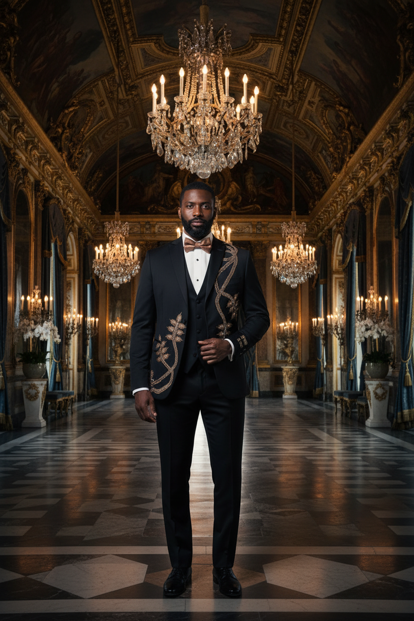 Smoking noir broderies cristaux dorés porté par un homme élégant dans un palais parisien