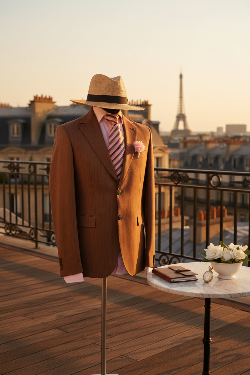 Veste brun caramel chalk stripe chapeau panama lifestyle luxueux terrasse parisienne dorée ou yacht méditerranéen sans alcool