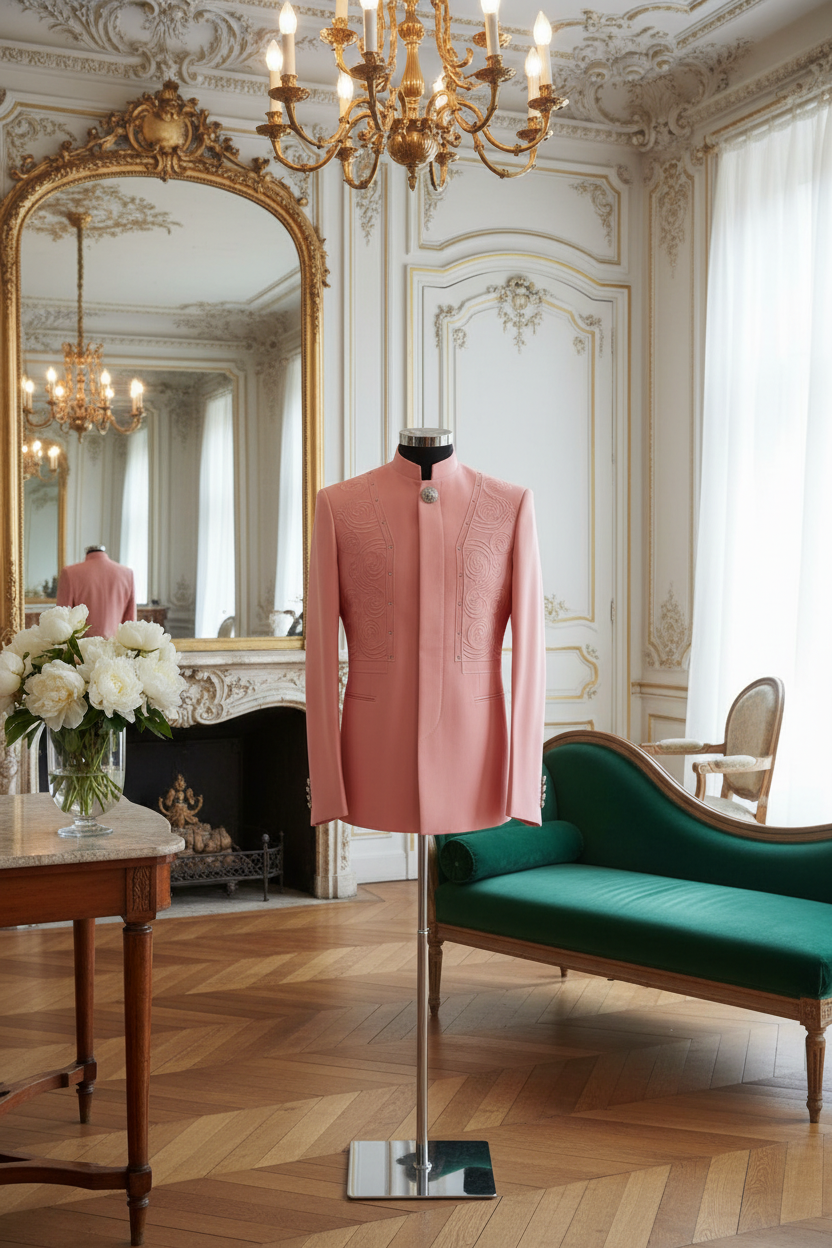 Veste col Mao rose saumon sur mannequin noir appartement parisien luxueux moulures dorées miroir doré parquet chevrons chaise longue velours sans alcool