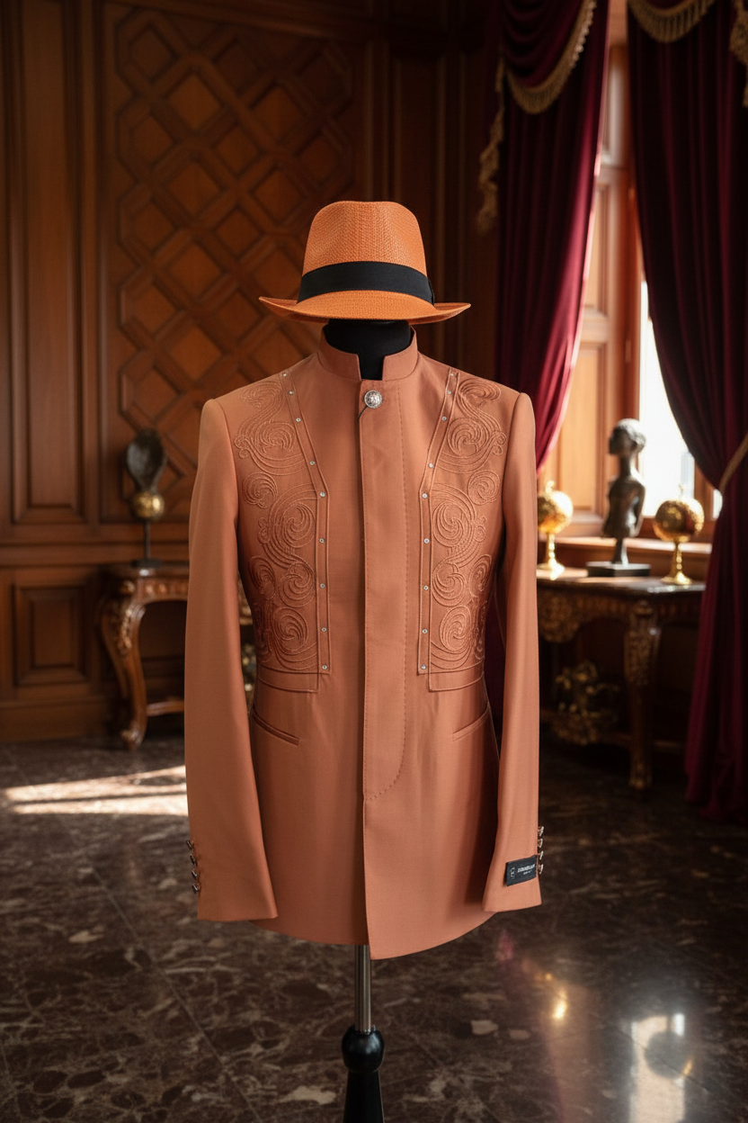 Veste col Mao terracotta broderies arabesques chapeau fedora orange sur mannequin noir salon luxueux boiseries dorées sans alcool