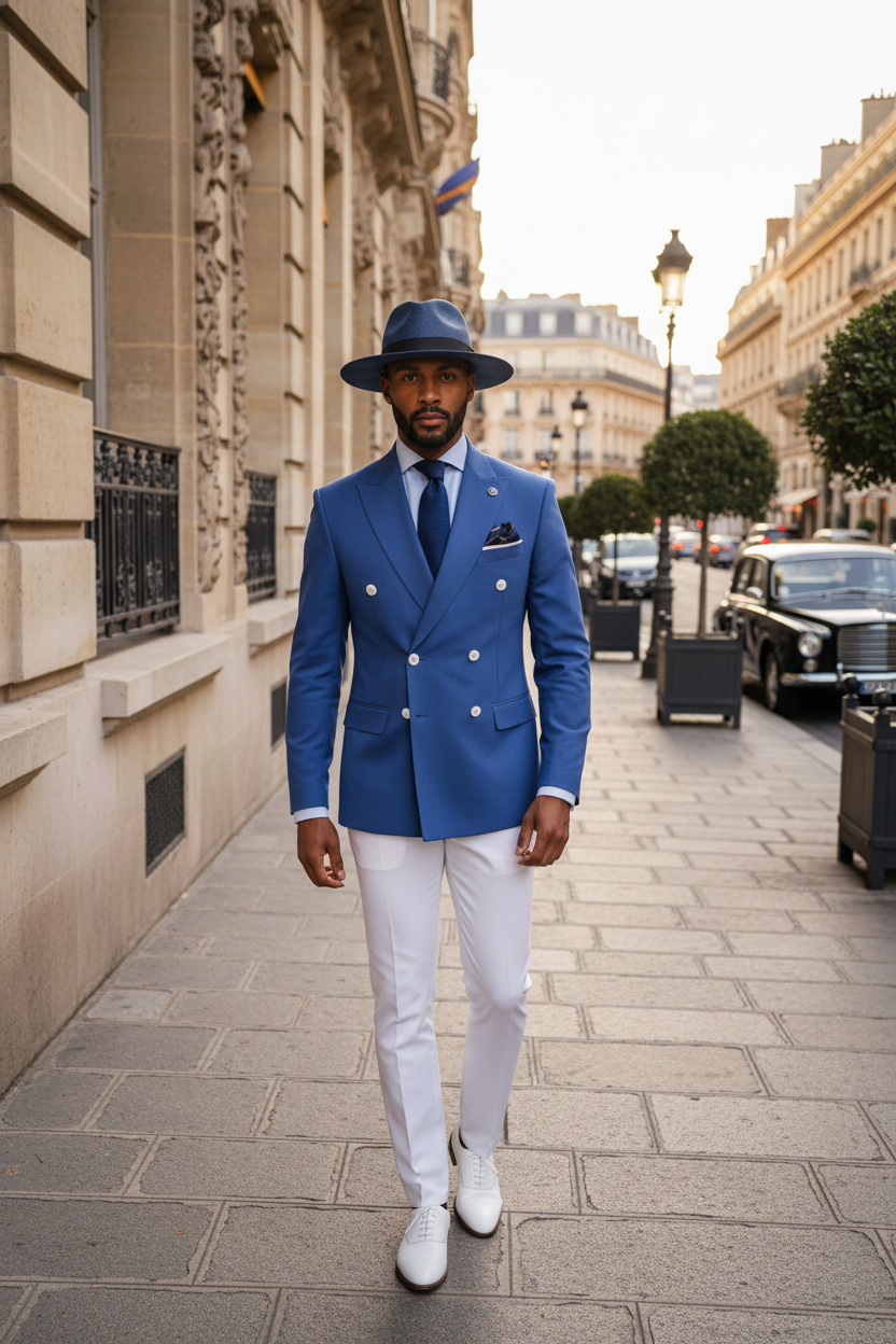 Veste croisée bleu cobalt 6 boutons blancs homme élégant peau brune barbe courte pantalon blanc chemise bleue cravate soie bleue pochette rayée navy blanc fedora bleu chaussures blanches oxford boulevard parisien façades Haussmann balcons fer forgé topiaires noirs voiture vintage noire golden hour lumière ambrée Lanvin Berluti Canali lifestyle éditorial portrait