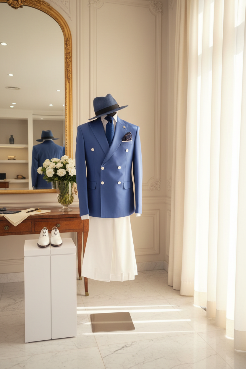 Veste croisée bleu cobalt ardoise 6 boutons blancs nacrés revers pointe broche dorée pochette rayée navy blanc cravate bleue chemise bleue pantalon blanc fedora bleu mannequin showroom atelier parisien luxe marbre blanc moulures plâtre miroir doré table acajou gardenias cristal rideaux lin Brioni Kiton Loro Piana lifestyle éditorial portrait