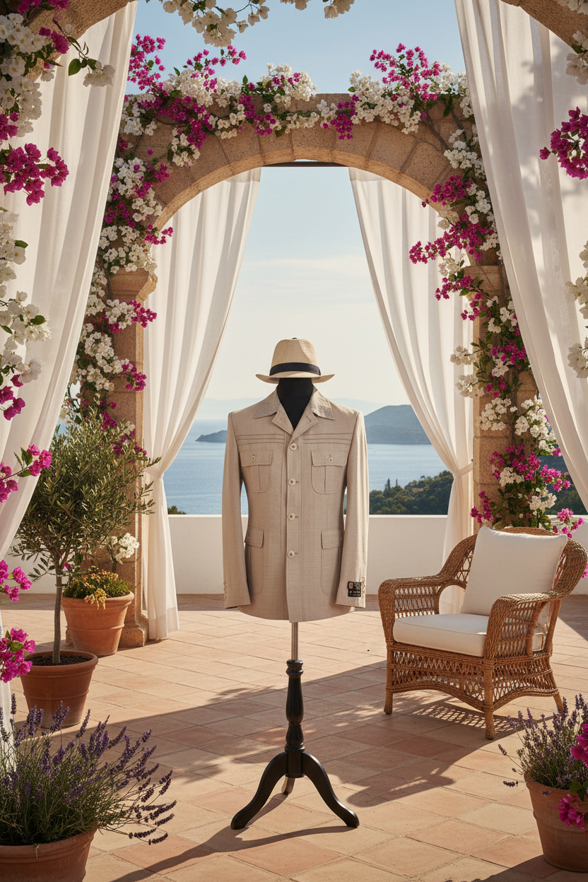 Veste safari beige lin avec chapeau bob dans un cadre villa méditerranéenne luxueuse