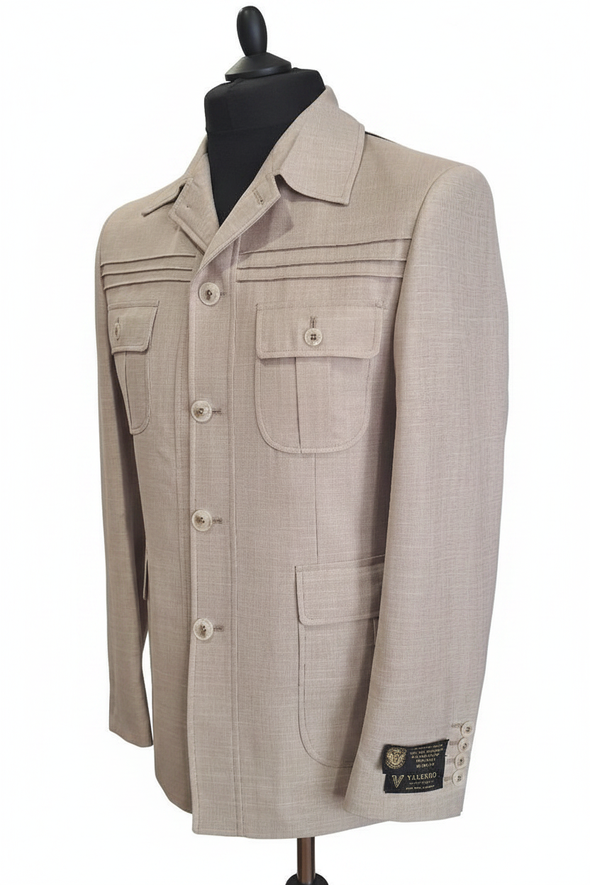 Veste safari beige lin vue trois-quarts avec label Valerio sur fond blanc