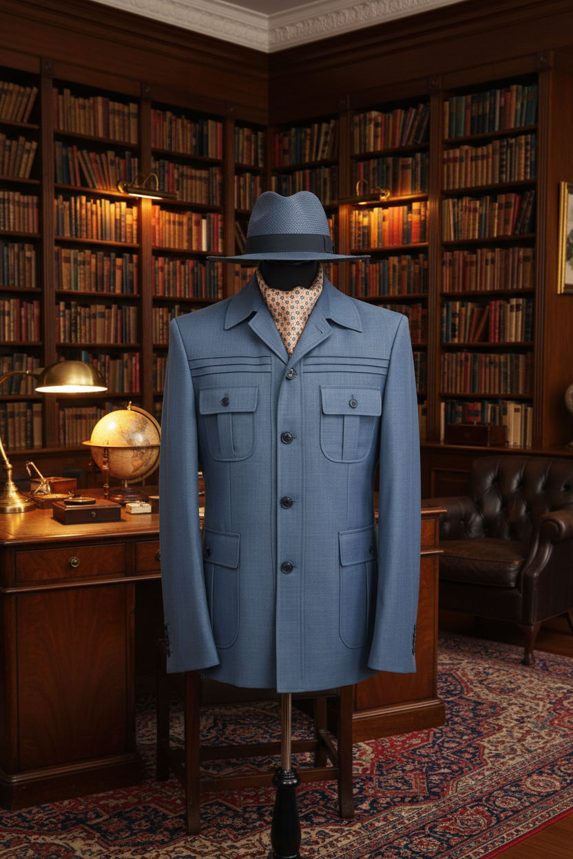 Veste safari bleu ardoise chapeau fedora bleu gris ascot géométrique beige or bibliothèque privée acajou globe antique lampe laiton Chesterfield tapis persan Ralph Lauren Brioni lifestyle luxueux