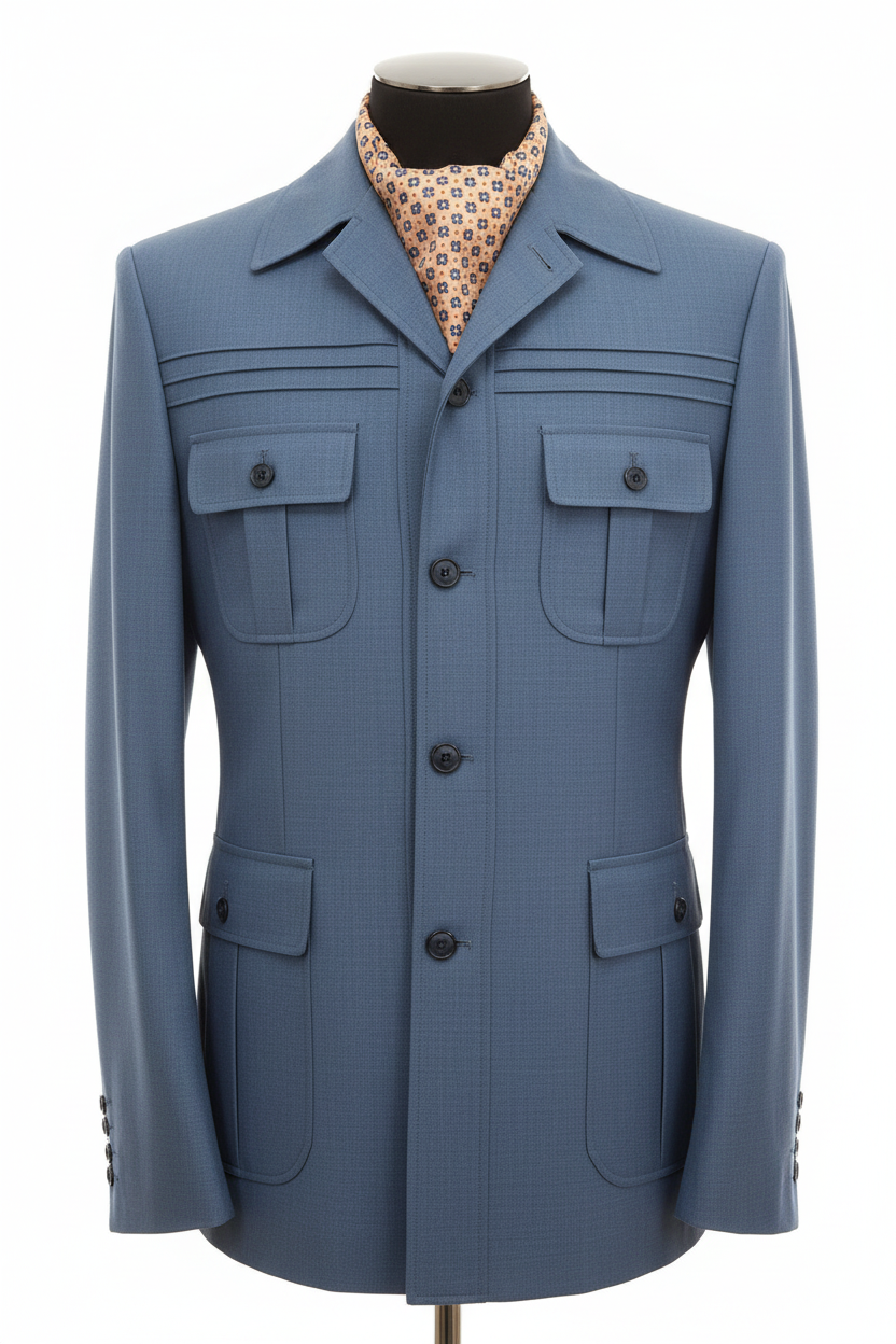 Veste safari bleu ardoise sans chapeau trois tucks horizontaux décoratifs quatre poches plaquées boutons marine ascot géométrique beige or mannequin tailleur noir fond blanc pur studio luxe