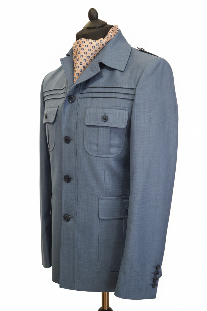 Veste safari bleu ardoise vue trois-quarts épaulettes militaires trois tucks horizontaux décoratifs quatre poches plaquées boutons marine ascot géométrique beige or mannequin tailleur noir fond blanc pur studio luxe