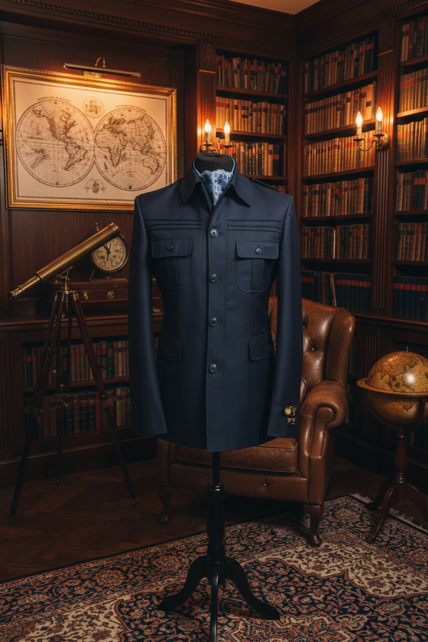 Veste safari bleu de nuit dans un cadre gentleman's club luxueux