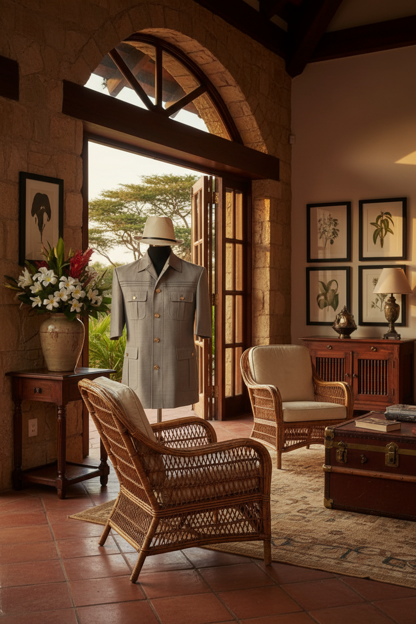 Veste safari gris clair chapeau fedora blanc sur mannequin noir lodge safari africain luxueux boiseries teck lumière dorée sans alcool