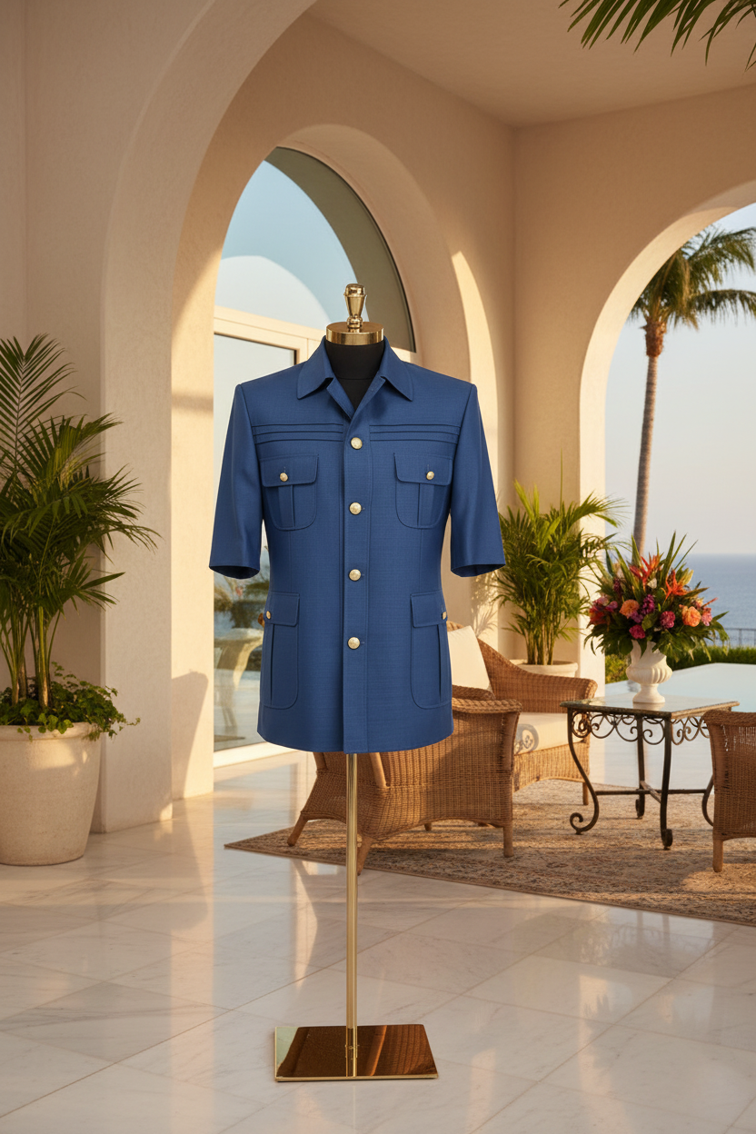 Veste safari manches courtes bleu cobalt sur mannequin noir terrasse méditerranéenne luxueuse pierre blanche lumière dorée mer turquoise sans alcool