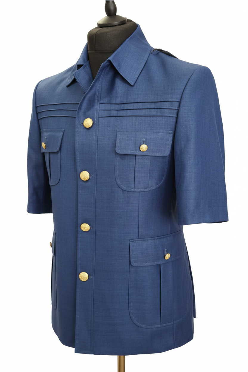 Veste safari manches courtes bleu cobalt vue trois-quarts épaulettes texture hopsack mannequin invisible fond blanc pur