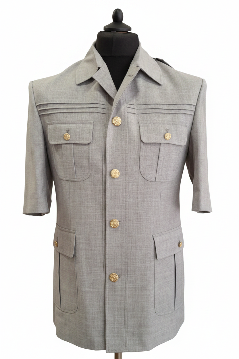 Veste safari manches courtes gris clair chaud texture hopsack croisée exacte 4 poches plaquées 5 boutons dorés lion blason lignes yoke mannequin invisible fond blanc pur