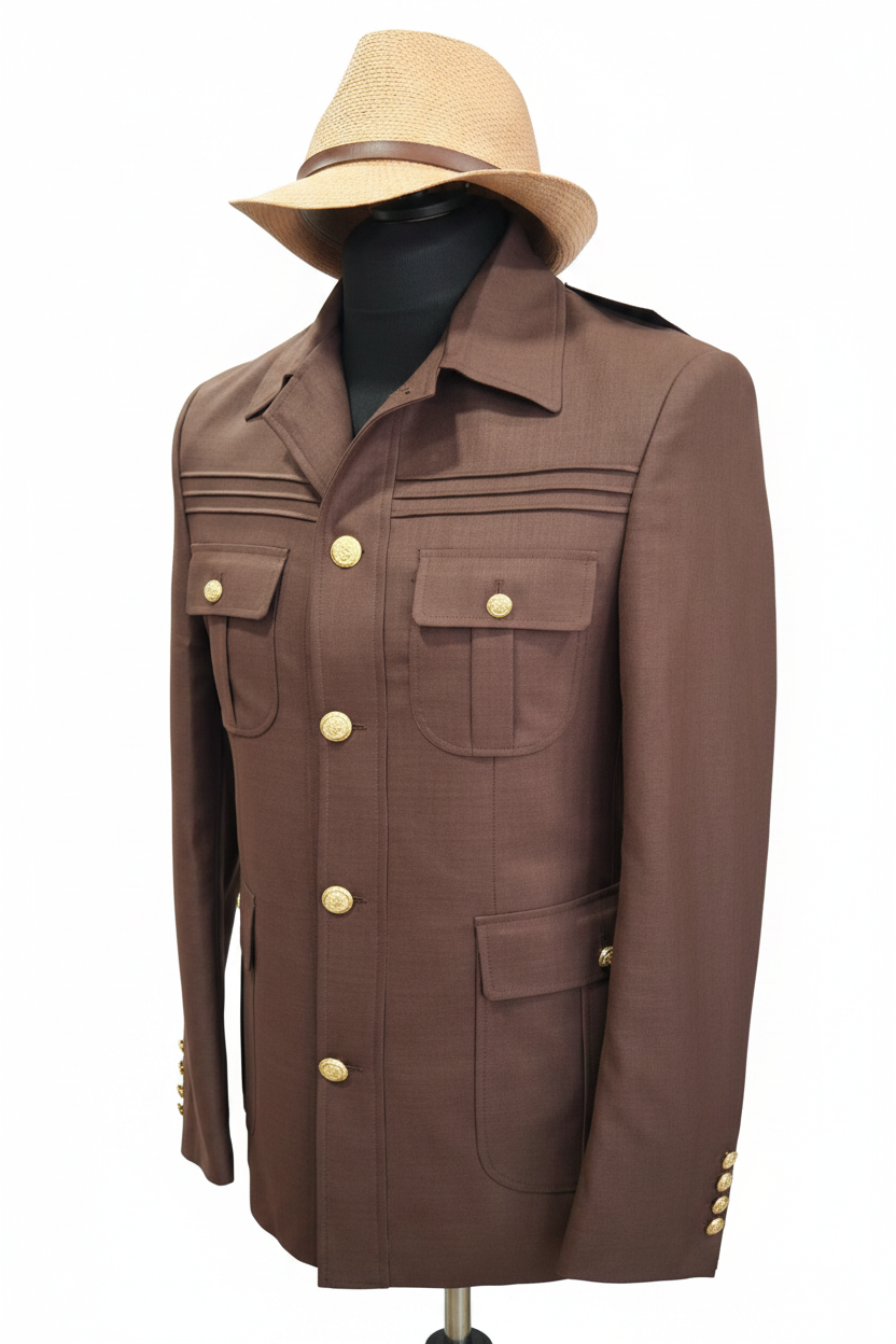Veste safari marron tabac angle trois-quarts boutons dorés quatre poches plaquées lignes décoratives horizontales chapeau fedora paille mannequin invisible fond blanc pur studio