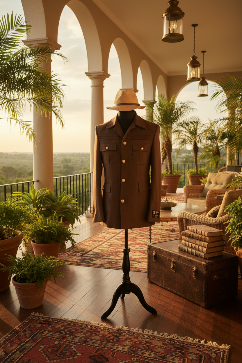 Veste safari marron tabac mannequin invisible chapeau fedora paille véranda lodge colonial luxueux teck doré plantes tropicales kilim lanternes laiton malle vintage Ralph Lauren Hermès lifestyle