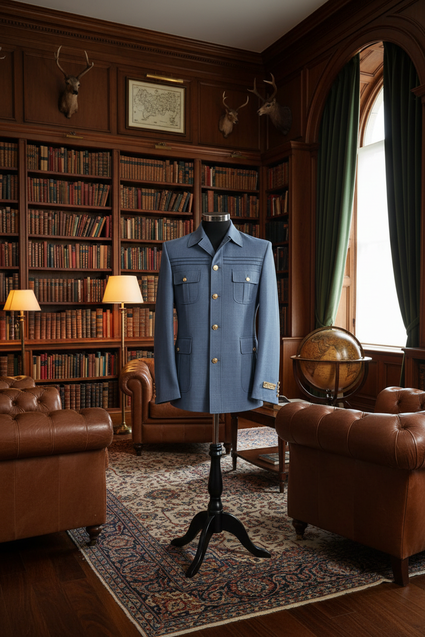 Veste safari militaire bleu ardoise boutons dorés sur mannequin noir bibliothèque coloniale luxueuse boiseries acajou fauteuils Chesterfield cuir sans alcool