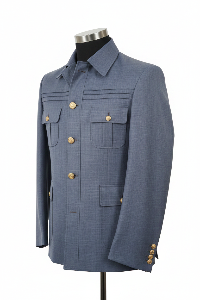 Veste safari militaire bleu ardoise col chemise épaulettes 4 poches plaquées 5 boutons dorés vue trois-quarts mannequin invisible fond blanc pur