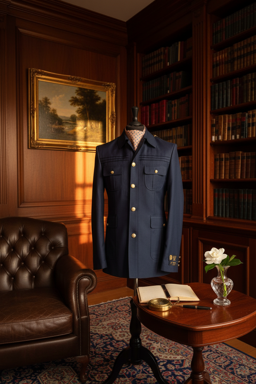 Veste safari militaire bleu marine boutons dorés foulard crème géométrique mannequin tailleur club privé gentleman bibliothèque coloniale boiseries acajou livres cuir tableau doré Chesterfield cognac boussole laiton journal cuir gardenia cristal tapis persan Ralph Lauren Purple Label Brioni Berluti lifestyle éditorial