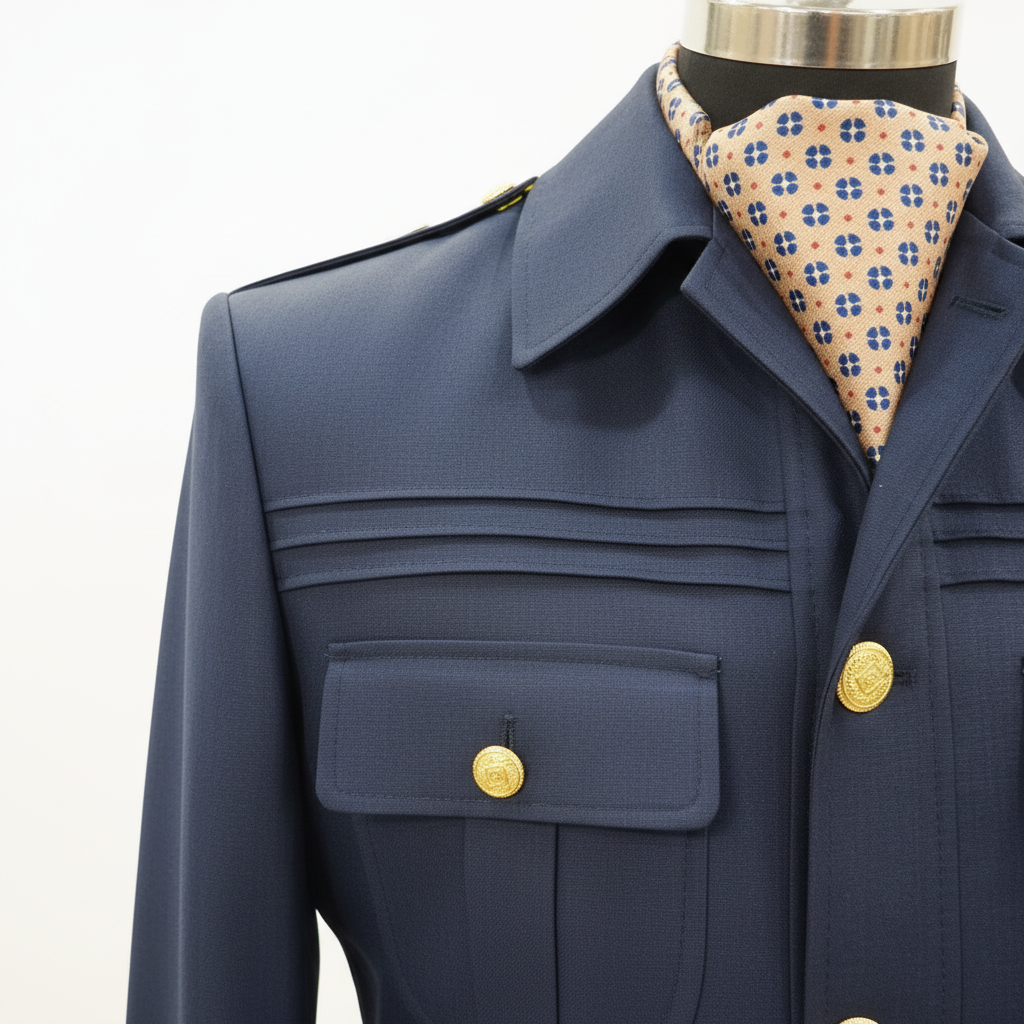 Veste safari militaire bleu marine gros plan détail col plat ouvert foulard soie crème motif géométrique losanges bleu beige 3 coutures décoratives horizontales topstitching poche poitrine patch rabat boutons dorés héraldiques sunburst texture twill herringbone épaule structurée fond blanc pur studio luxe