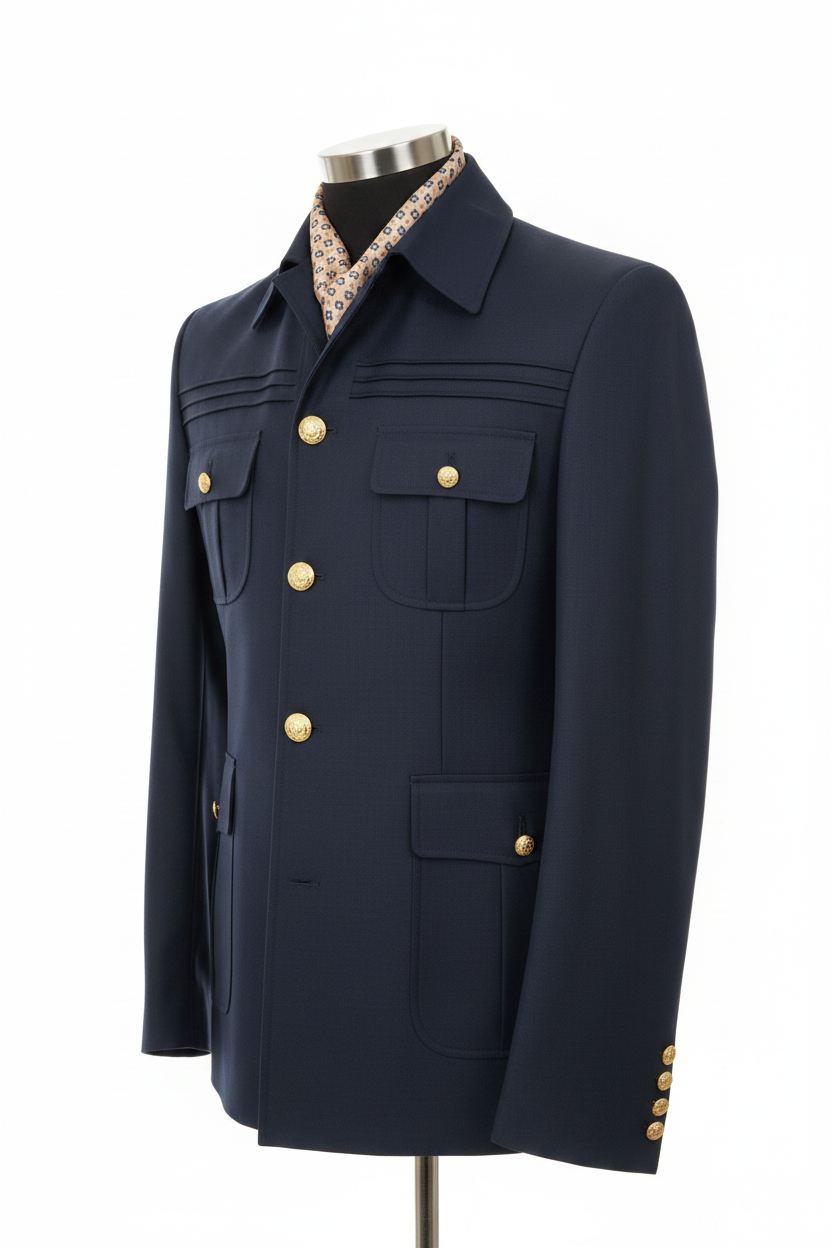 Veste safari militaire bleu marine vue trois-quarts droite col plat ouvert foulard crème motif géométrique 5 boutons dorés ornementaux héraldiques 3 coutures décoratives horizontales poches poitrine patch rabat bouton doré poches basses badge brodé manche gauche mannequin tailleur noir fond blanc pur studio luxe